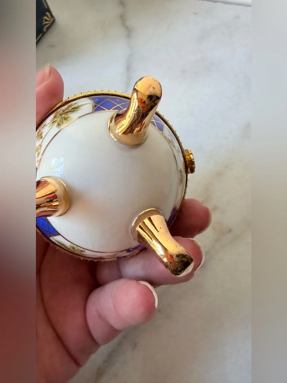 Blue Decorative Porcelain Egg Trinket Box with Gold Accents